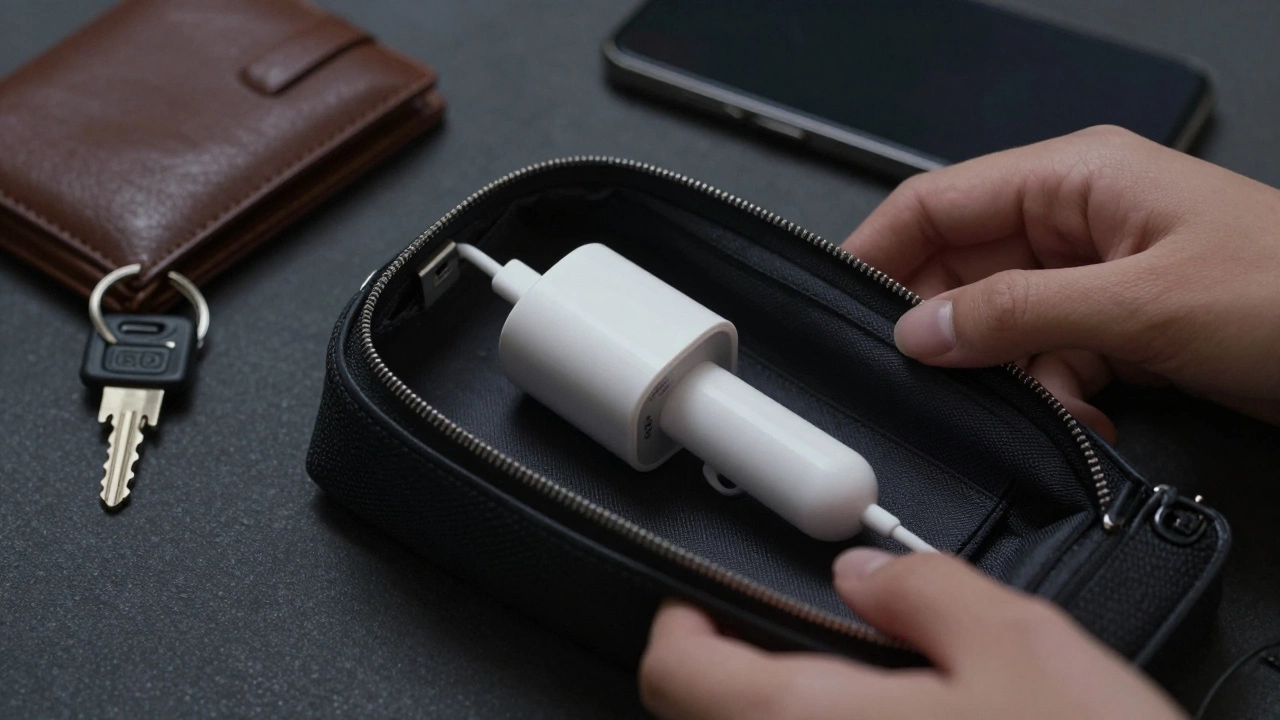A compact vibrator hidden among personal items in an open purse, looking like a tech accessory.