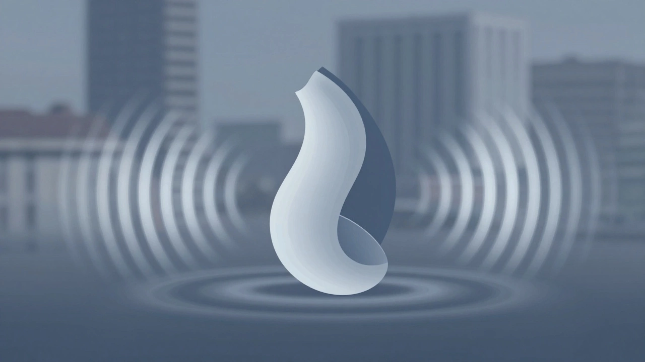 Abstract representation of a quiet, powerful vibrator with fading sound waves and cool tones.