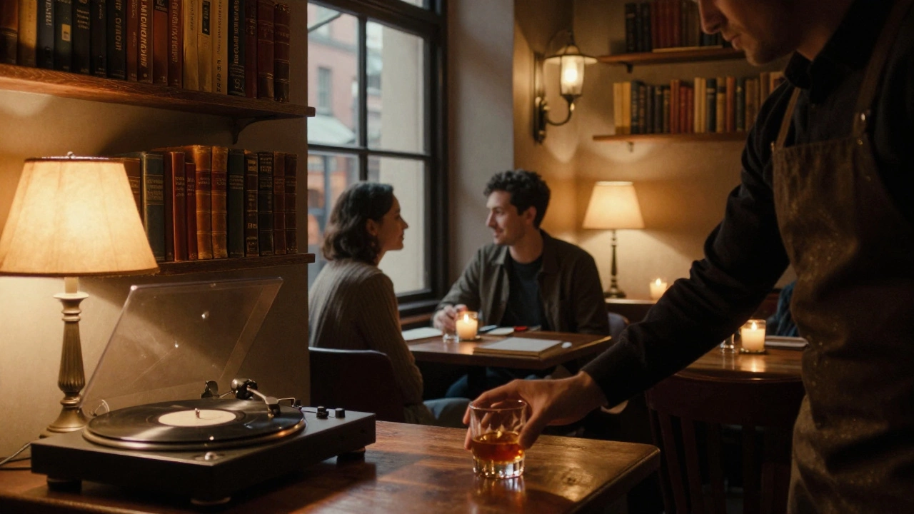 Cozy book-filled bar with dim lighting and two people sharing silent companionship.