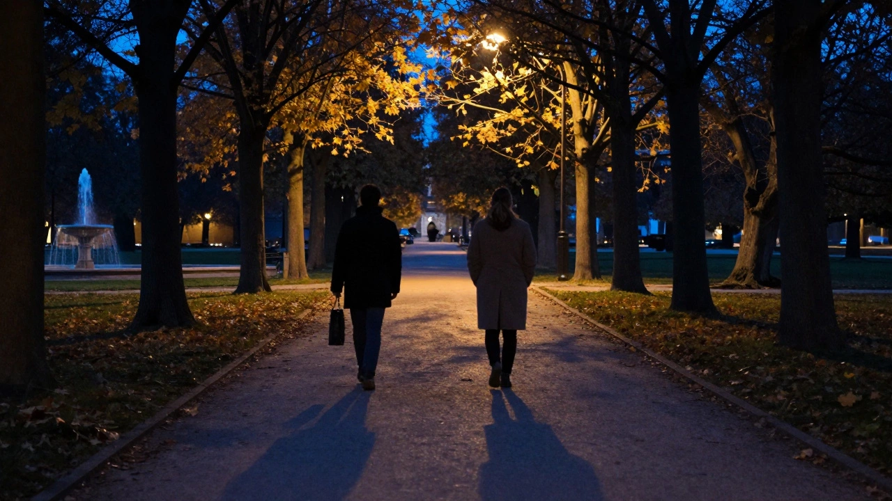 Quiet nighttime walk along empty park paths with soft city lights glowing through trees.